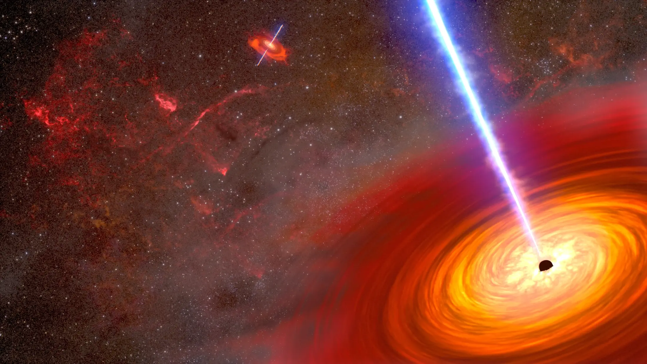 Artist’s depiction of two active black holes in merging galaxies.