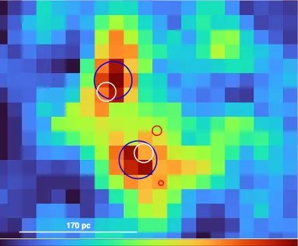 Merged Chandra/ACIS-S 6.2–6.6 keV Fe K alpha image of MCG-03-34-64 with HST [O III] centroids in red, VLA 8.46 GHz centroids in white, Chandra Fe K alpha centroids in blue, and a 170 pc scale bar.