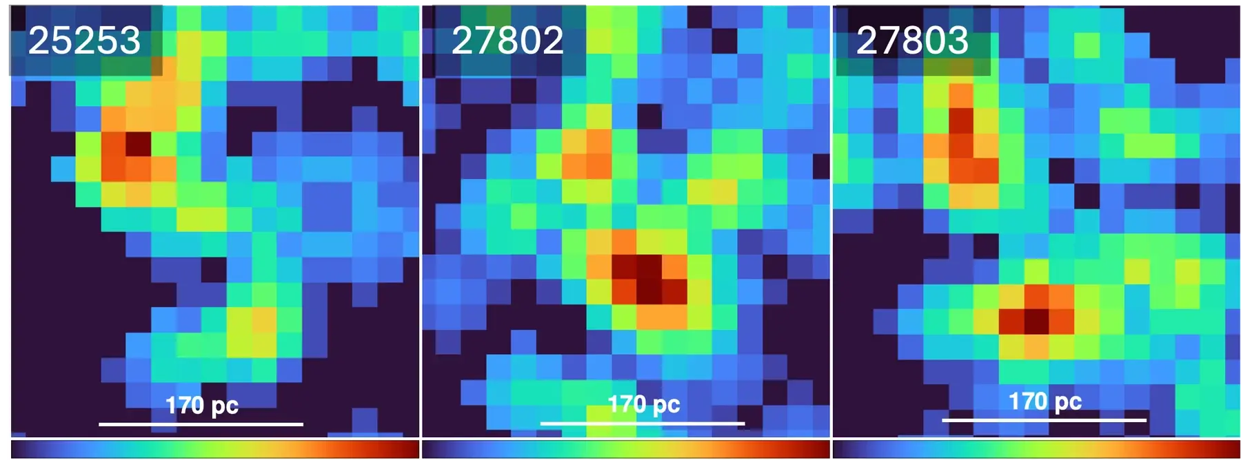 Chandra 6–7 keV images from three observations of MCG-03-34-64, each resolving the same compact double structure.