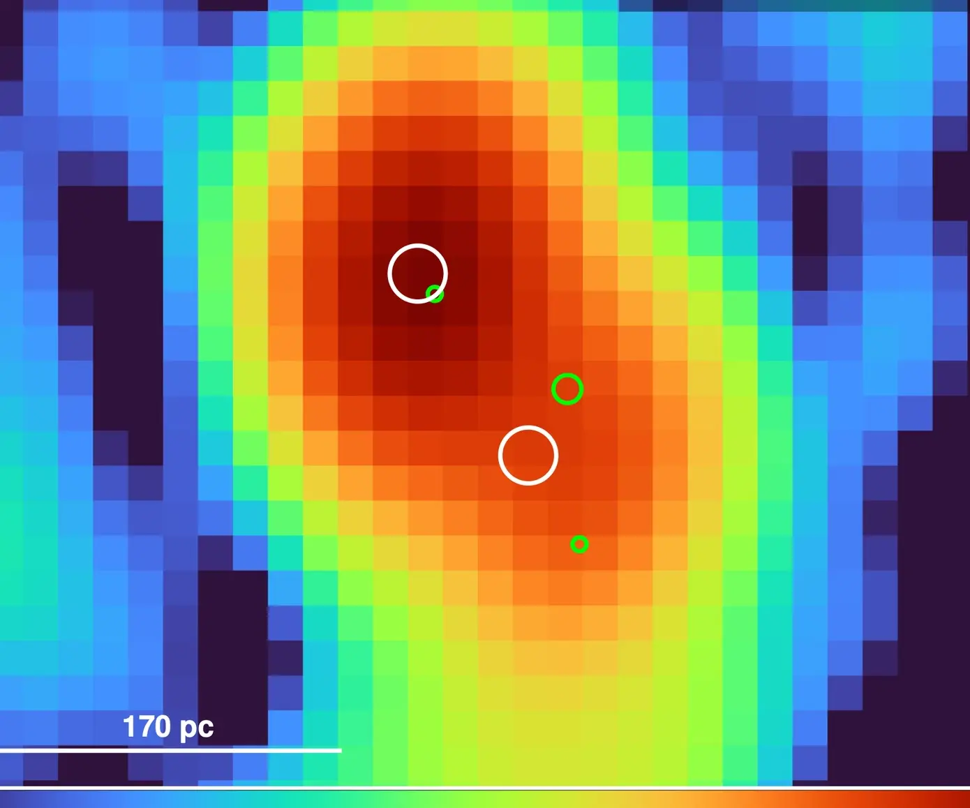 VLA-A 8.46 GHz radio-continuum image of MCG-03-34-64 with two radio centroids marked by white circles, three HST [O III] centroids marked in green, and a 170 pc scale bar.