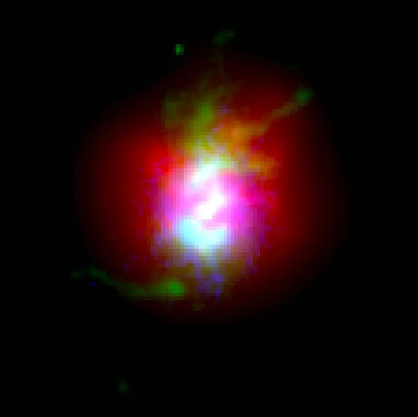 RGB composite of 2MASX J130038 with Hubble galaxy starlight in blue, Hubble [O III] emission in green, and Chandra soft X-ray emission in red.