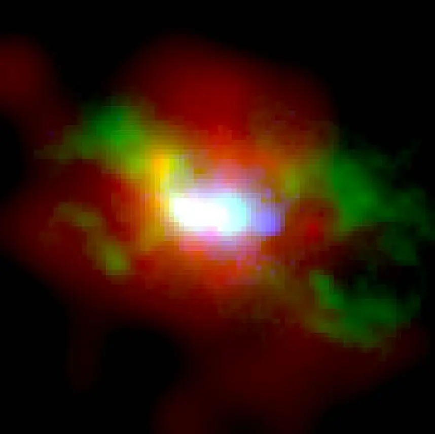 RGB composite of FIRST J120041 with Hubble galaxy starlight in blue, Hubble [O III] emission in green, and Chandra soft X-ray emission in red.