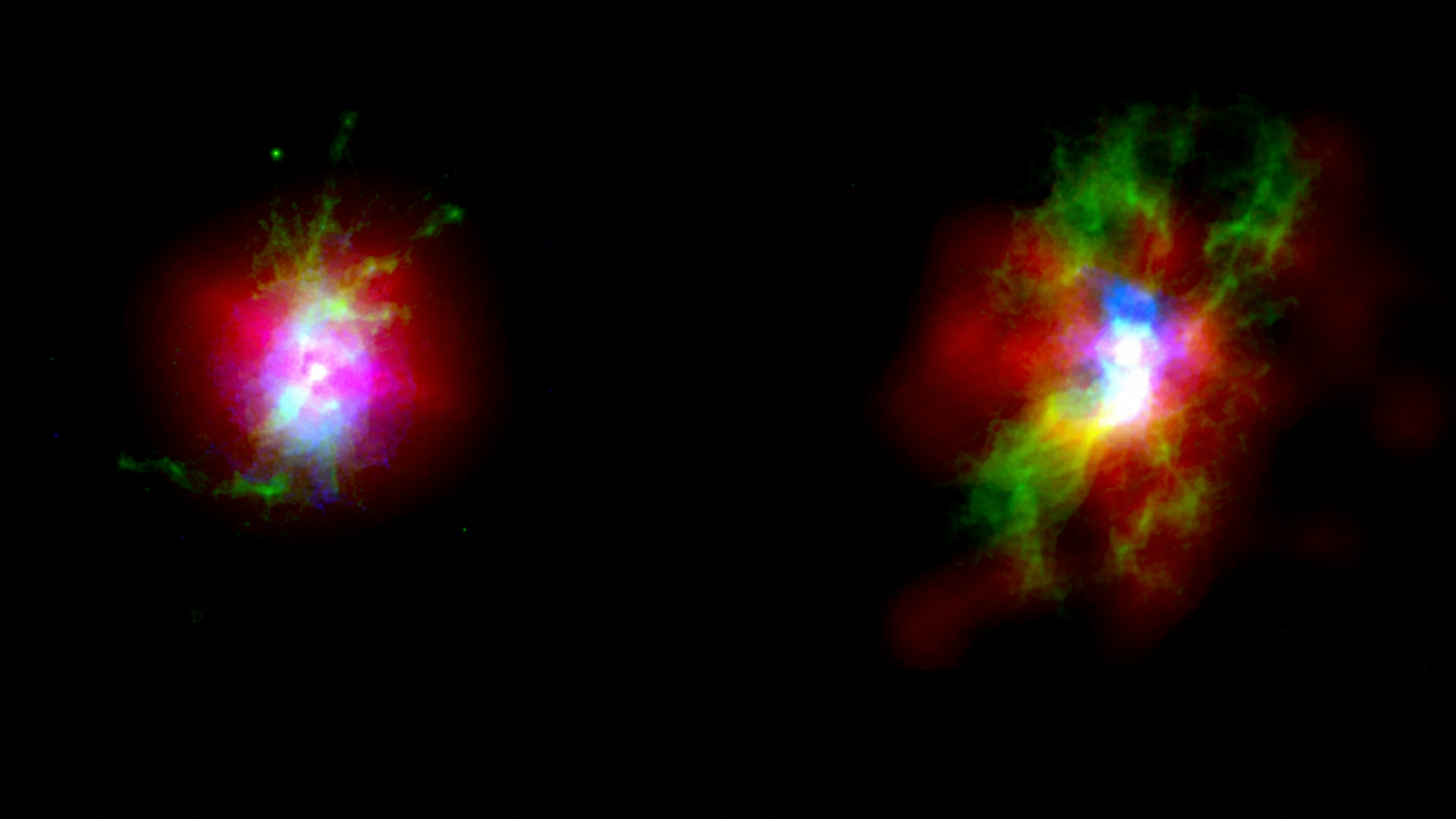 Side-by-side observational composites of 2MASX J13003807+5454367 and FIRST J120041.4+314745, with Chandra X-rays in red, Hubble [O III] emission in green, and Hubble stellar continuum in blue.