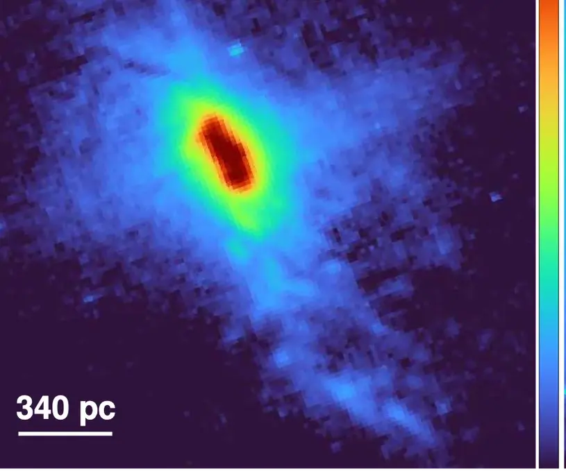 Continuum-subtracted HST/ACS [O III] image of the central region of MCG-03-34-64, showing three compact emission peaks, diffraction spikes, a color scale, and a 340 pc scale bar.