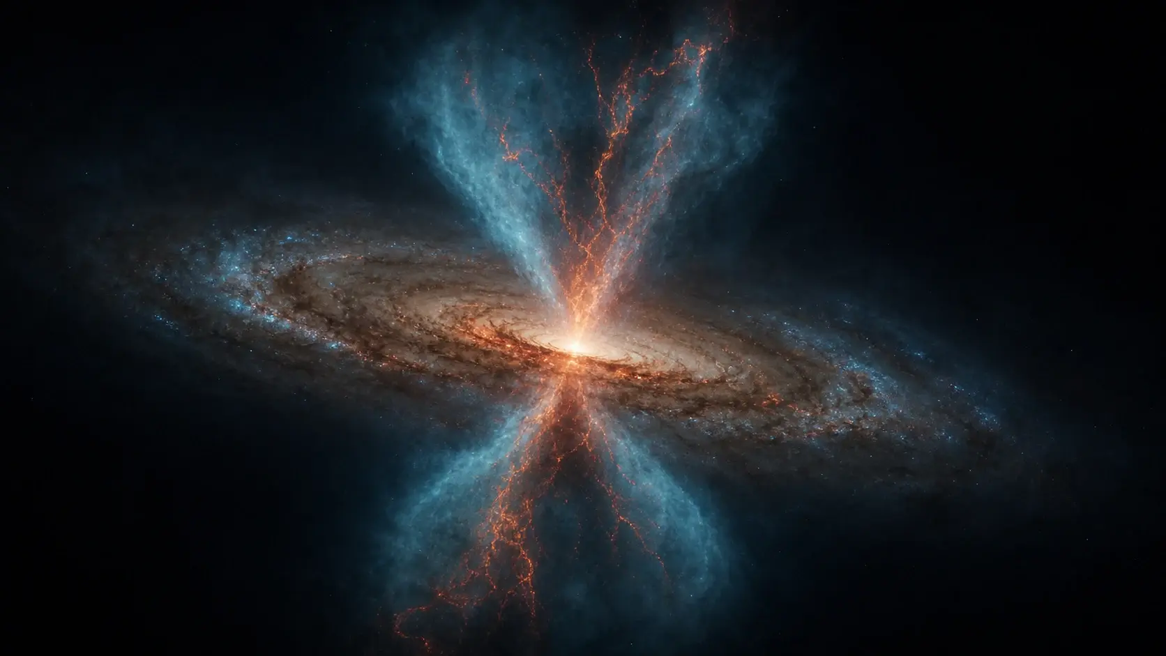 Conceptual illustration of hot and warm gas phases in a bipolar active-galaxy outflow.