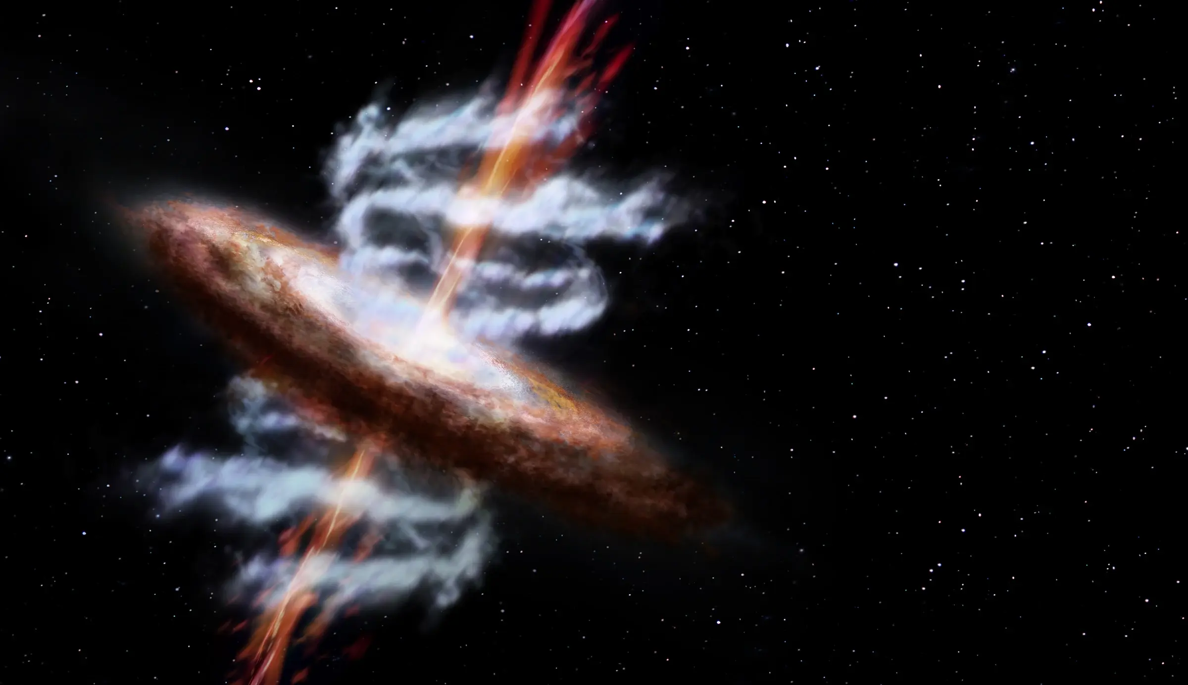 Artist’s impression of an active galaxy with luminous material and opposing red and blue outflow structures extending from its central region.