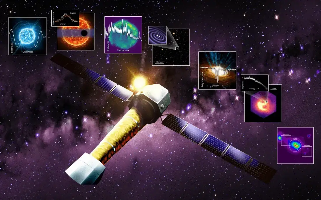 Illustration and simulation collage for NewAthena scientific topics: a spacecraft illustration against a star field with inset simulated X-ray images and spectra. The inset panels are simulations, not observations or measured results.