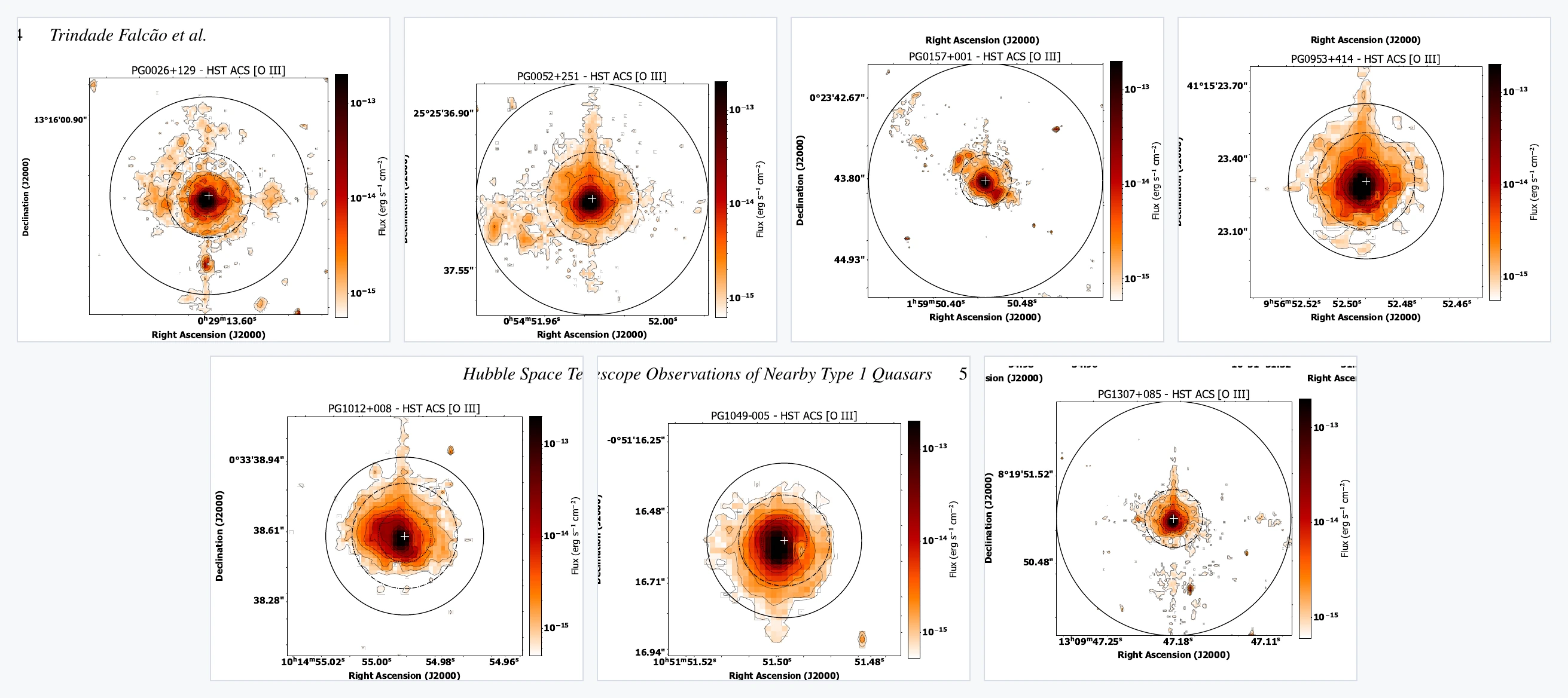 Montage of continuum-subtracted Hubble [O III] images for all seven type 1 quasars in the study: PG 0026+129, PG 0052+251, PG 0157+001, PG 0953+414, PG 1012+008, PG 1049−005, and PG 1307+085.
