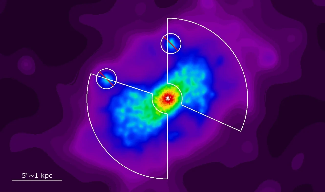 Chandra 0.3-7 keV image of NGC 5728 showing the regions used for spatially resolved analysis of the nucleus, ionization bicone, and cross-cone emission.