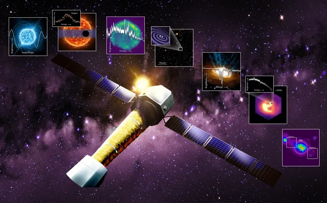 NewAthena mission illustration surrounded by simulated X-ray science products; the inset panels are simulations, not observations.